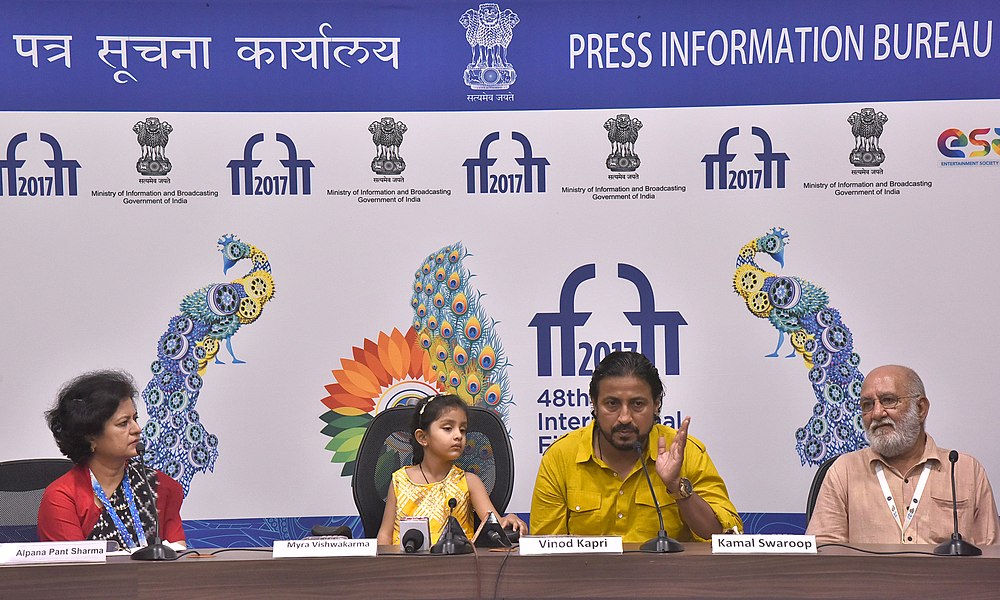 The Director of the Film PUSHKAR PURAN, Shri Kamal Swaroop, the Director of the Film PIHU, Shri Vinod Kapri and Child Artist, Myra Vishwakarma, at a press conference.jpg
