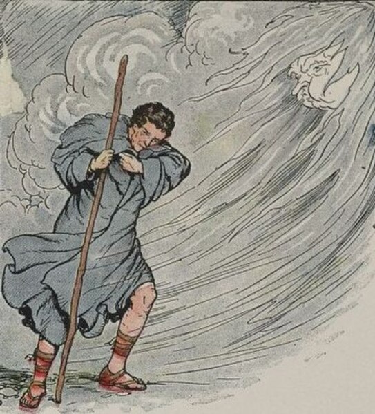 In this illustration by Milo Winter of Aesop's fable, "The North Wind and the Sun", a personified North Wind tries to strip the cloak off a traveler.