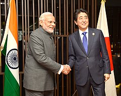 Indian Prime Minister Narendra Modi in a bandhgala along with his Japanese counterpart Shinzo Abe