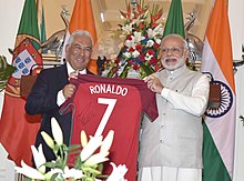 Portuguese Prime Minister Antonio Costa presents Indian Prime Minister Narendra Modi a signed Ronaldo shirt in January 2017. The Prime Minister of Portuguese Republic, Mr. Antonio Costa gifts to the Prime Minister, Shri Narendra Modi, the jersey of Portugal football team personally autographed by Cristiano Ronaldo, at Hyderabad House, in New Delhi.jpg