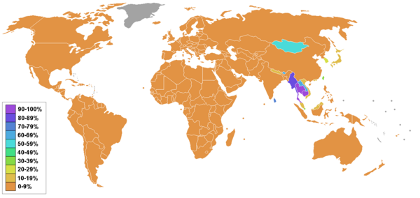 Percentage of formal/practicing Buddhists by the numbers of registered adherents (according to the least estimates).