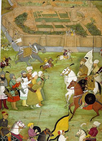 A miniature from Padshahnama depicting the surrender of the Shia Safavid garrison of Kandahar in 1638 to the Mughal army of Shah Jahan commanded by Kilij Khan.