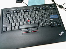 This ThinkPad compact keyboard features a wired device, blue ThinkVantage button and Enter key, TrackPoint pointer and has no touchpad. Thinkvantage (4544169139).jpg