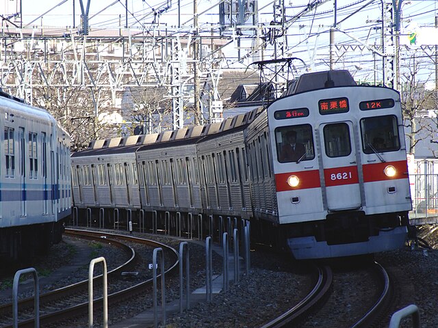 A Tokyu Corporation train on the Tobu Isesaki Line. Through service between different suburban rail lines are common in greater Tokyo.