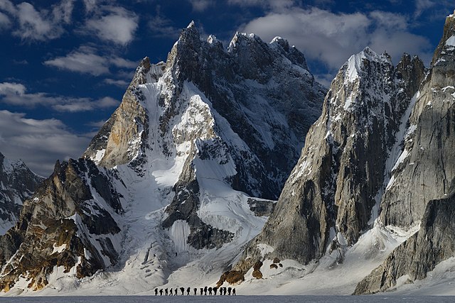 Image: Trekkers along with porters towards Snow Lake, over Biafo Glacier 61Km