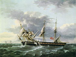 הקרב בין "פרוליק" ל"ווֹסְפּ". ציור המיוחס לתומאס בירץ', 1815 לערך