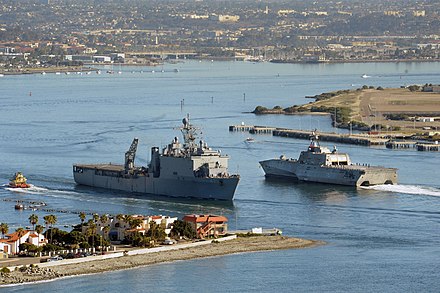 USS Coronado (LCS-4) (right) passes USS Rushmore.