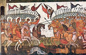 Batalla de novgorodianos y suzdalianos en 1170, fragmento de un icono de 1460