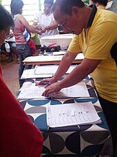 Electoral official in Valencia checking an electoral roll during the 2013 elections Valencia City local elections, May 2013 - 3.jpg