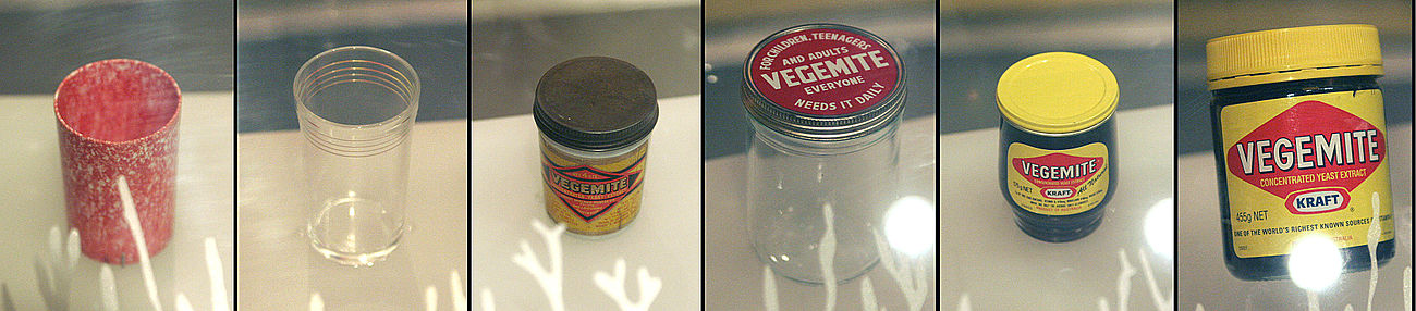 Different Vegemite jars – National Museum of AustraliaOriginally introduced in 57 g (2 oz) milk glass jars and in sizes up to a 2.7 kg (6 lb) tin, from 1956 Vegemite was sold in clear glass jars.