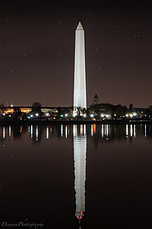 The Washington Monument, a modern monument in Egyptian obelisk style. Washington Monument at night 2012.jpg