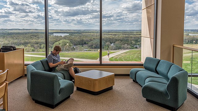 A view out of the large windows of Welder Library