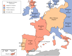 Map showing support for Avignon (red) and Rome (blue) during the Western Schism Western schism 1378-1417.svg