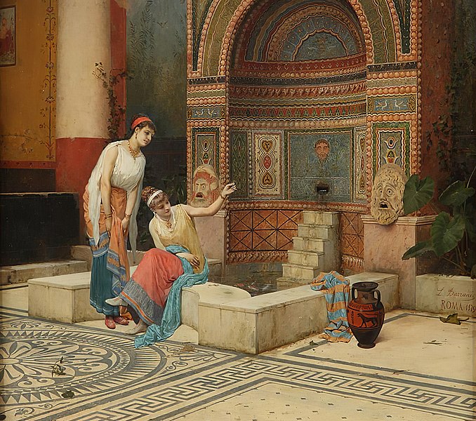 File:Women in a Pompeian Atrium feeding fish (Detail) by Luigi Bazzani, before 1927.jpg