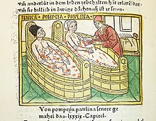 Woodcut illustration of the suicide of Seneca and the attempted suicide of his wife Pompeia Paulina