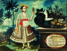 Ecuador has a wide repertoire of colonial art in the country and other museums, like this criolla Yapanga from colonial Quito, in 1783, by Vicente Alban. Museo de America, Madrid. Yapanga de Quito con traje que usa esta clase de mujeres que tratan de agradar 01.jpg
