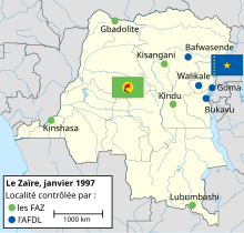Map of Zaire in January 1997. The eastern towns are controlled by the AFDL, while the Zairian army plans to launch an offensive from Kisangani and Kindu. Zaire situation, January 1997.svg