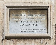 Plaque sur la Ca' Rezzonico, à Venise, où mourut Robert Browning.