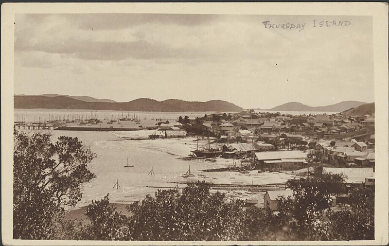 File:(View of the town and the pearling fleet in the harbour, with Prince of Wales Island on the left and Friday Island on the right), Thursday Island, (ca. 1917-1920) (24731903294).jpg