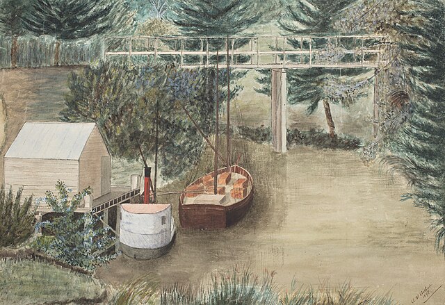 A painting of the Lucas Creek wharf and Albany Bridge by Alice McArthur (1897)