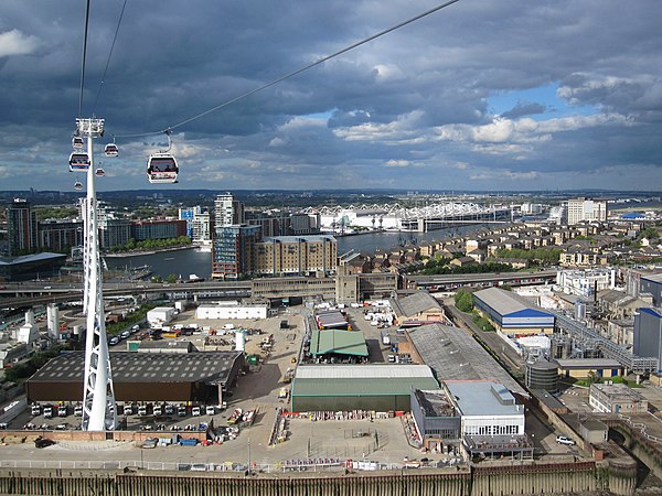 Aerial view of the docks from the London Cable Car with the ExCeL Centre in 2012