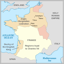 France in 1428. Paris was centred in the Anglo-Burgundian-controlled region. Reims lies to the northeast of this area. 100 Years War France 1435.svg