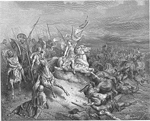 An angel aids the Maccabees (illustration by Gustave Dore in 1866) 152.The Angel Is Sent to Deliver Israel.jpg
