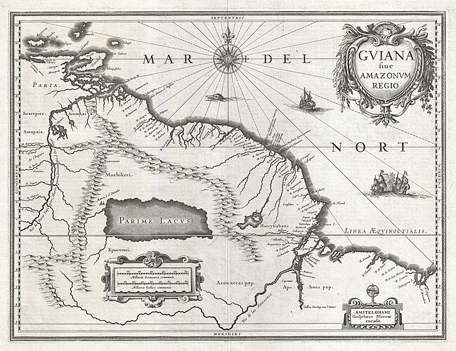 Карта северного побережья Южной Америки 1635 года работы Виллема Блау с нанесёнными озером Париме[англ.] и дорогой в Эльдорадо