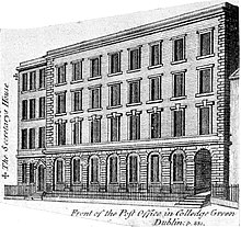 Illustration of GPO in College Green with PO secretary's house on the left side 1770s GPO College Green (cropped).jpg