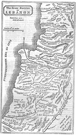 Mapa de 1844 dos drusos do Líbano, mostrando o Nahr al-Kalb como a fronteira norte dos drusos