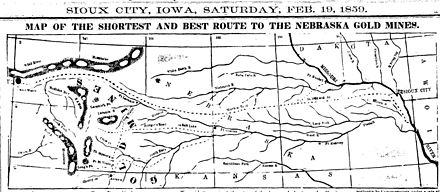 1859 map of route from Sioux City, Iowa, through Nebraska, to gold fields of Wyoming, partially following old Mormon trails.