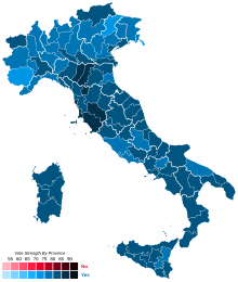 Results of the referendum by province. Blue indicates a major in favour; red indicates a majority against. 1987 Italian nuclear power plant location referendum.svg