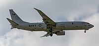 A Boeing P-8 Poseidon, tail number 168761, on final approach at Kadena Air Base in Okinawa, Japan. It is assigned to Patrol Squadron 45 (VP-45) at NAS Jacksonville, Florida, United States.