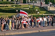 English: Line against violence ("Never again"), 21 August 2020. Minsk, Belarus Беларуская: Ланцуг супраць гвалту («Ніколі зноў»), 21 жніўня 2020 года. Мінск, Беларусь Русский: Цепь против насилия («Никогда больше»), 21 августа 2020 года. Минск, Беларусь