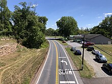 PA Route 724 East in Union Township 2022-09-01 13 03 44 View east along Pennsylvania State Route 724 (Main Street) from the overpass for the Schuylkill River Trail in Union Township, Berks County, Pennsylvania.jpg