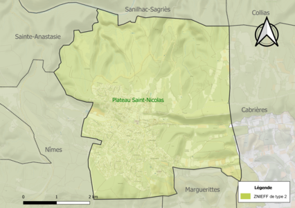 Carte de la ZNIEFF de type 2 sur la commune.