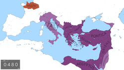 El territorio del Imperio Romano de Oriente bajo la dinastía Leónidas en 480. El Imperio Romano de Occidente, representado en rosa, se derrumbó en 476/480, aunque las regiones representadas nominalmente continuaron bajo el dominio romano como vasallos del Imperio de Oriente.