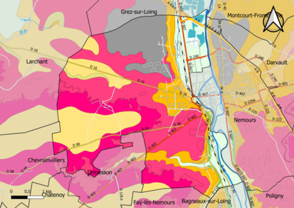 Carte montrant en couleurs le zonage géologique simplifié d'une commune