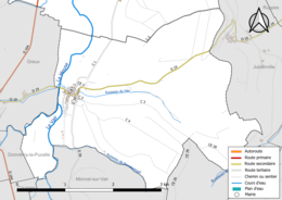 Carte en couleur présentant le réseau hydrographique de la commune