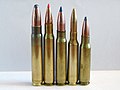 soldan sağa: 9.3x62mm, .30-06 Springfield, 8 x 57 IS, 6.5 x 55mm ve .308 Winchester