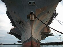 Aircraft carrier USS John F. Kennedy (CV-67), Philadelphia Naval Shipyard, 2018 A638, USS John F Kennedy, bow, Navy Yard, Delaware River, Philadelphia, 2018.jpg