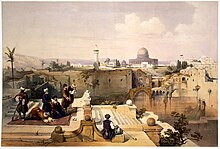 Painting of Jerusalem by David Roberts, 1839, in The Holy Land, Syria, Idumea, Arabia, Egypt, and Nubia A group of worshippers at the site of a temple Wellcome L0021551.jpg