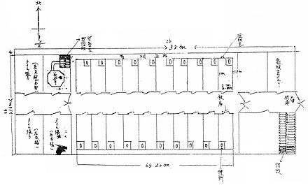 A sketch of the prison cells drawn by a Unit 731 staff member. The octagon represents the pressure chamber.