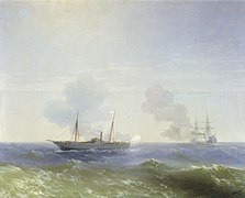 Aivazovsky I. K. 1887, "La battaglia del piroscafo Vesta con la corazzata turca Fethi-Buland nel Mar Nero l'11 luglio 1877"