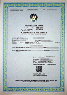 An Indonesian birth certificate issued in 2019, using QR codes certified by Indonesian Electronic Certification Authority Akta Kelahiran.png