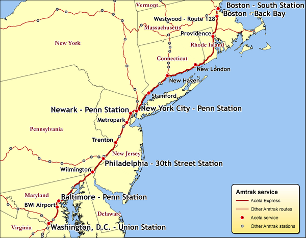 Map of the areas and stations served by Acela (interactive map)