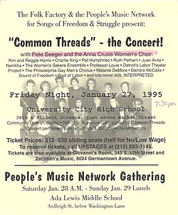 Anna Crusis Women's Choir, poster with Pete Seeger and Reggie Harris for January 27, 1995, concert Anna Crusis 1995 concert flyer People's Music Pete Seeger 001.jpg