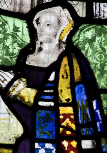 Anne Herbert, Countess of Pembroke depicted in a stained glass window at Wilton Parish Church.