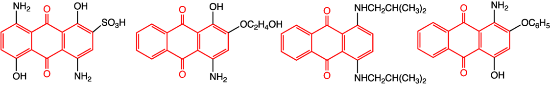 Selection of anthraquinone dyes. From the left: C.I.Acid Blue 43 an "acid dye" for wool (also called "Acilan Saphirol SE"), C.I. Vat Violet 1, which is applied by transfer printing using sublimation, a blue colorant commonly used in gasoline, and C.I. Disperse Red 60. AnthDyes.png