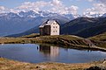 Ehemalige Alte Pforzheimer Hütte am Pforzheimer See. Blick in die Ortler-Alpen im Süden.